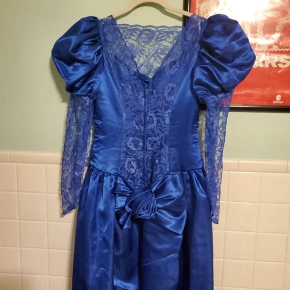 Vintage Royal Blue 80s Long Sleeve Lace A Line Prom Party Dress Women's Size 12 - Picture 9 of 15